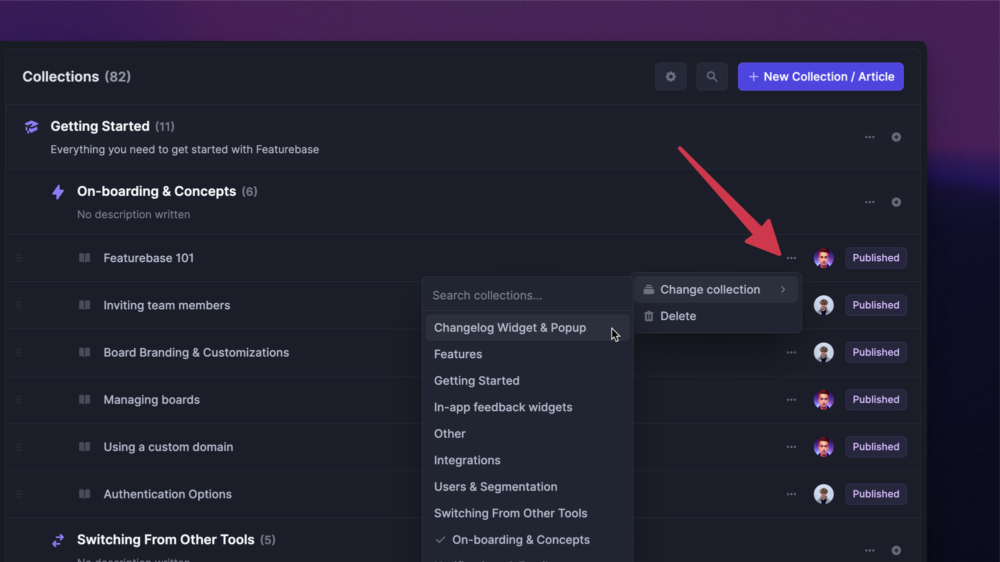 Featurebase help center collection menu showing the Change collection option.