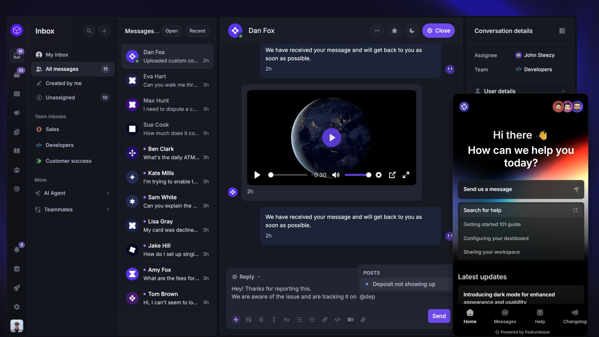 Featurebase inbox and help widget showing customer conversations, self-service articles, and in-app support in one workspace.