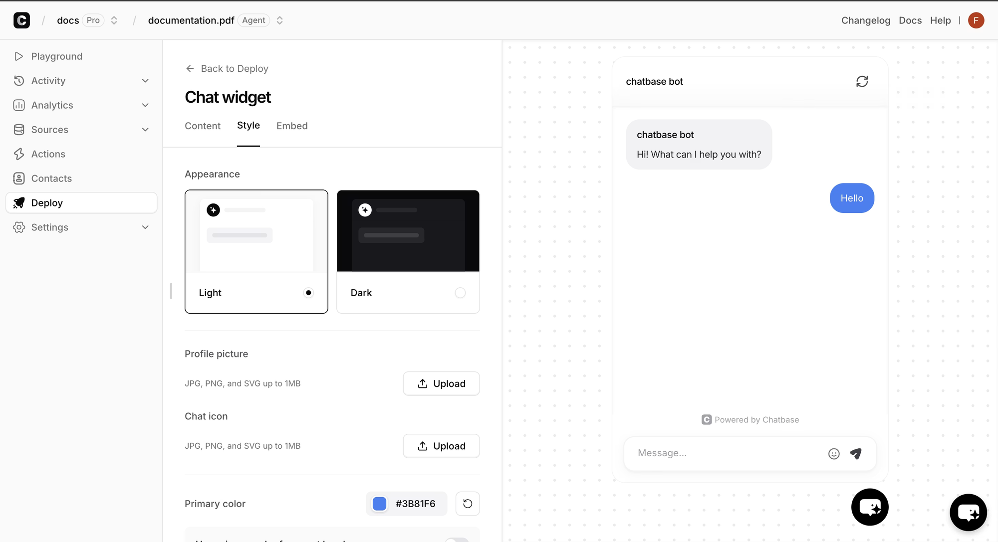 Chatbase's chat widget settings