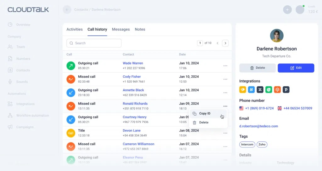 CloudTalk dashboard showing call history, contact details, and integrations.