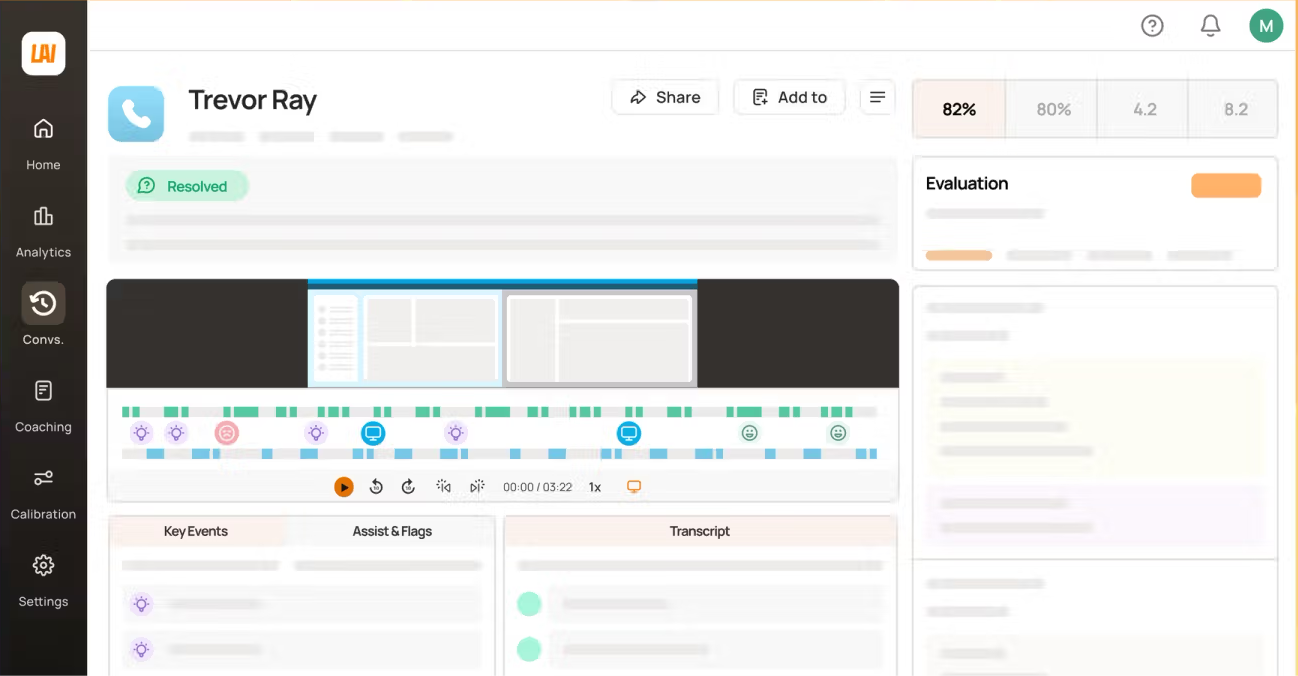 Level AI dashboard showing a customer call review with a timeline, transcript, and evaluation score.