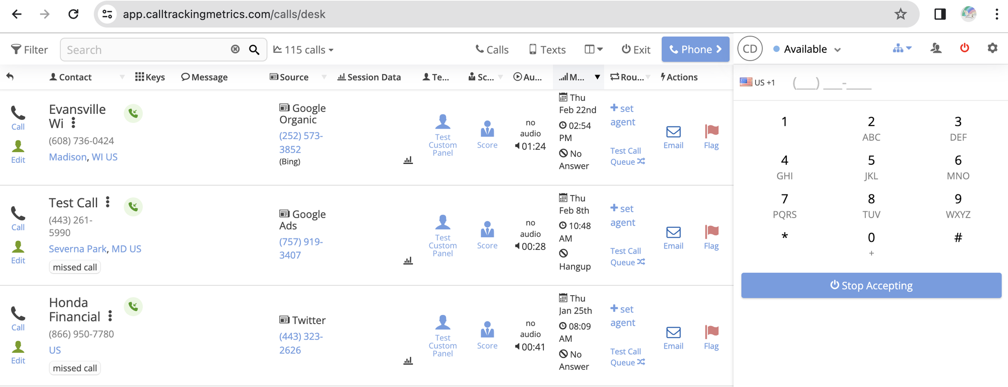 CallTrackingMetrics dashboard showing recent calls, caller details, sources, and a phone dialer.