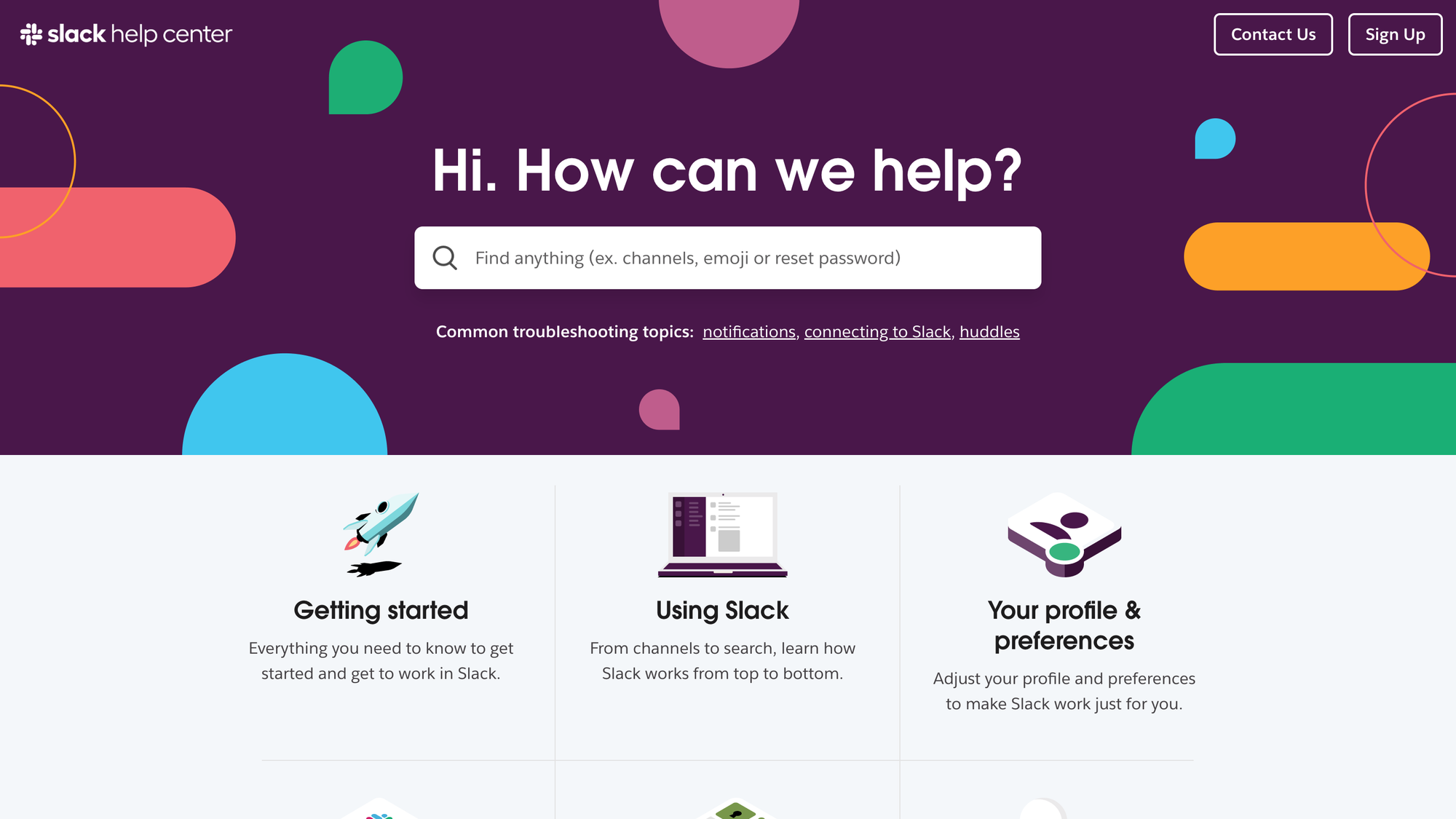 Slack Help Center homepage with a large search bar, colorful abstract header, and category cards for getting started, using Slack, and profile preferences.