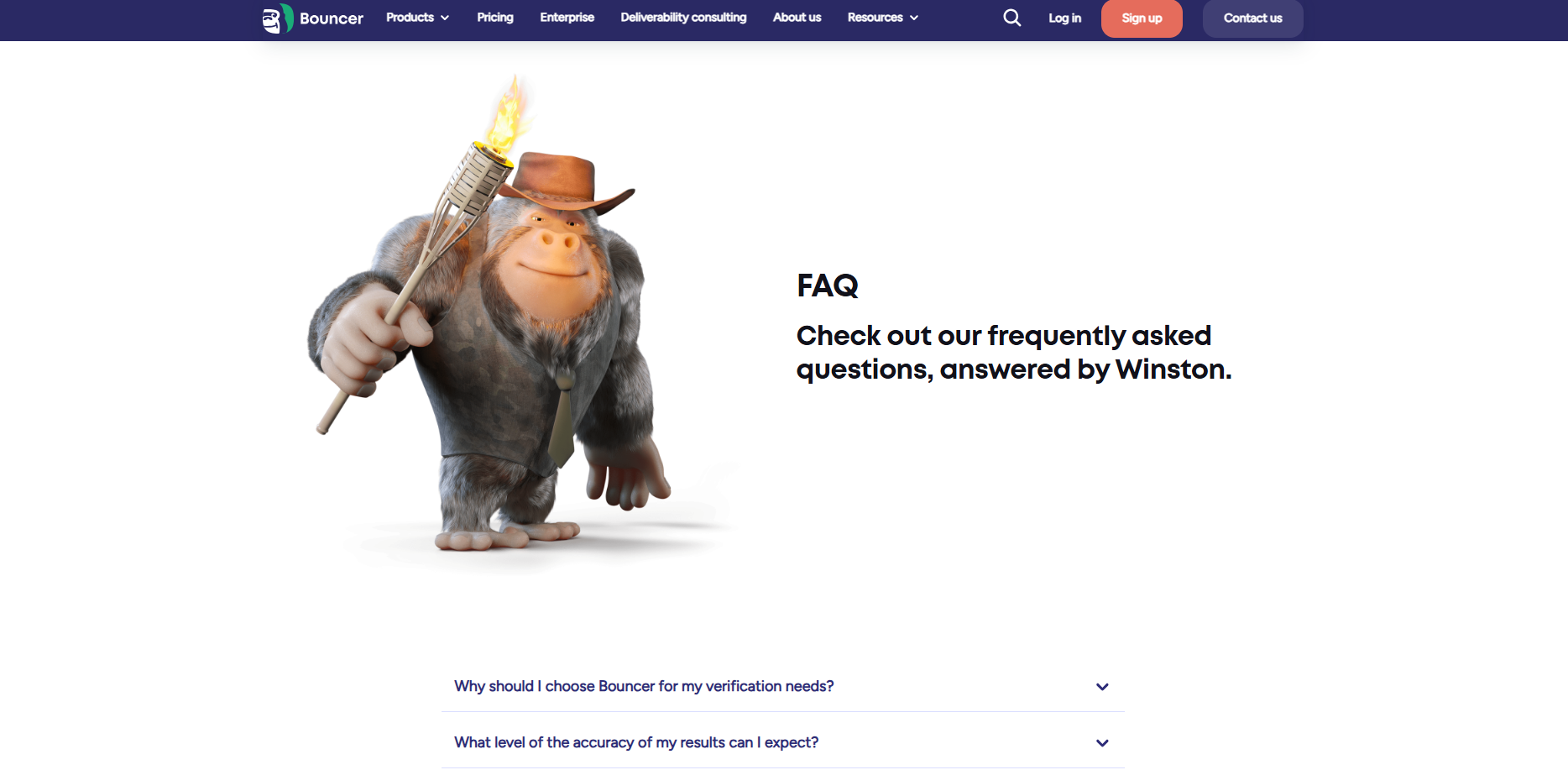 FAQ page with a Winston mascot illustration, a short FAQ heading, and accordion-style questions below the hero section.