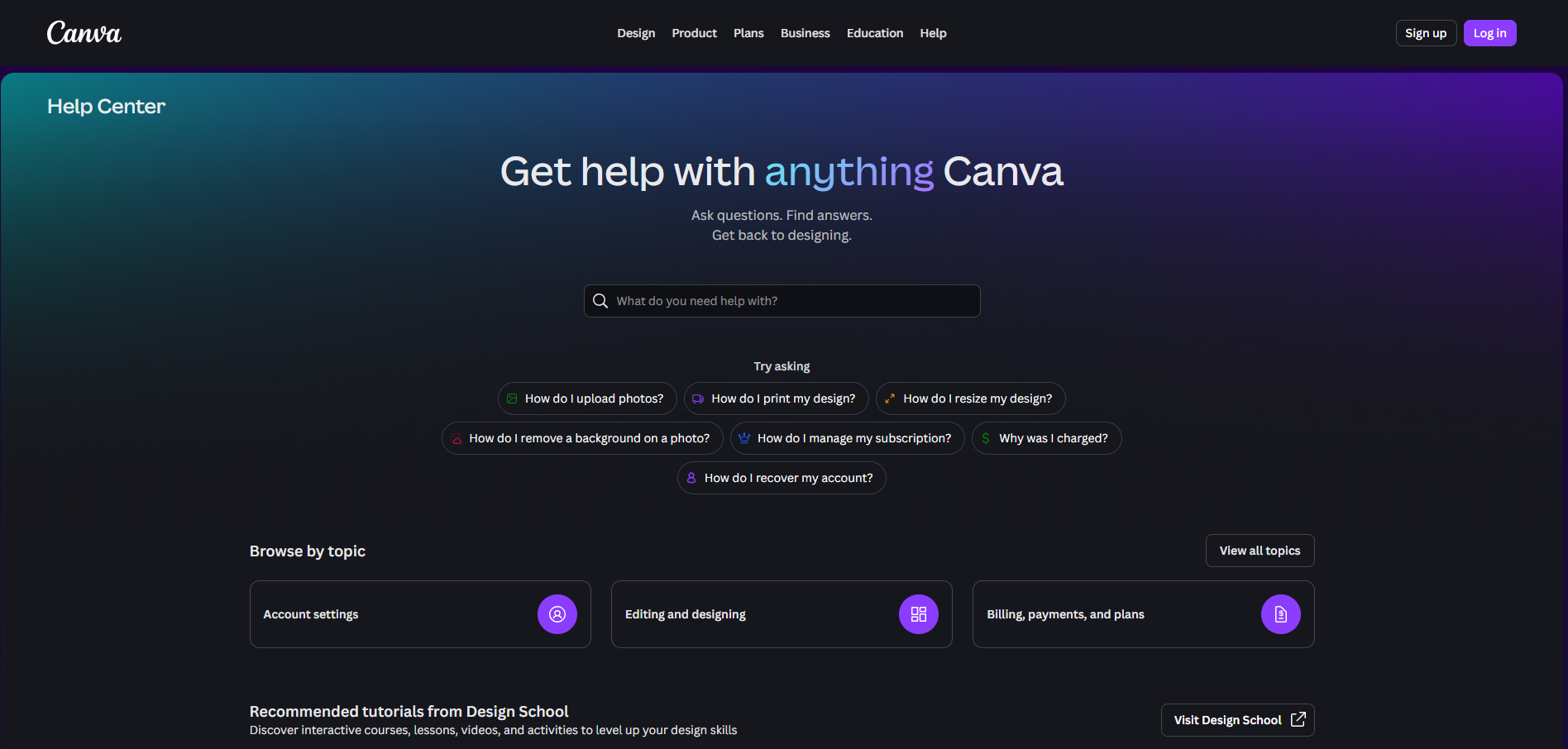 Canva Help Center page with a dark gradient hero section, central search bar, suggested question chips, and topic cards for account settings, editing designs, and billing.