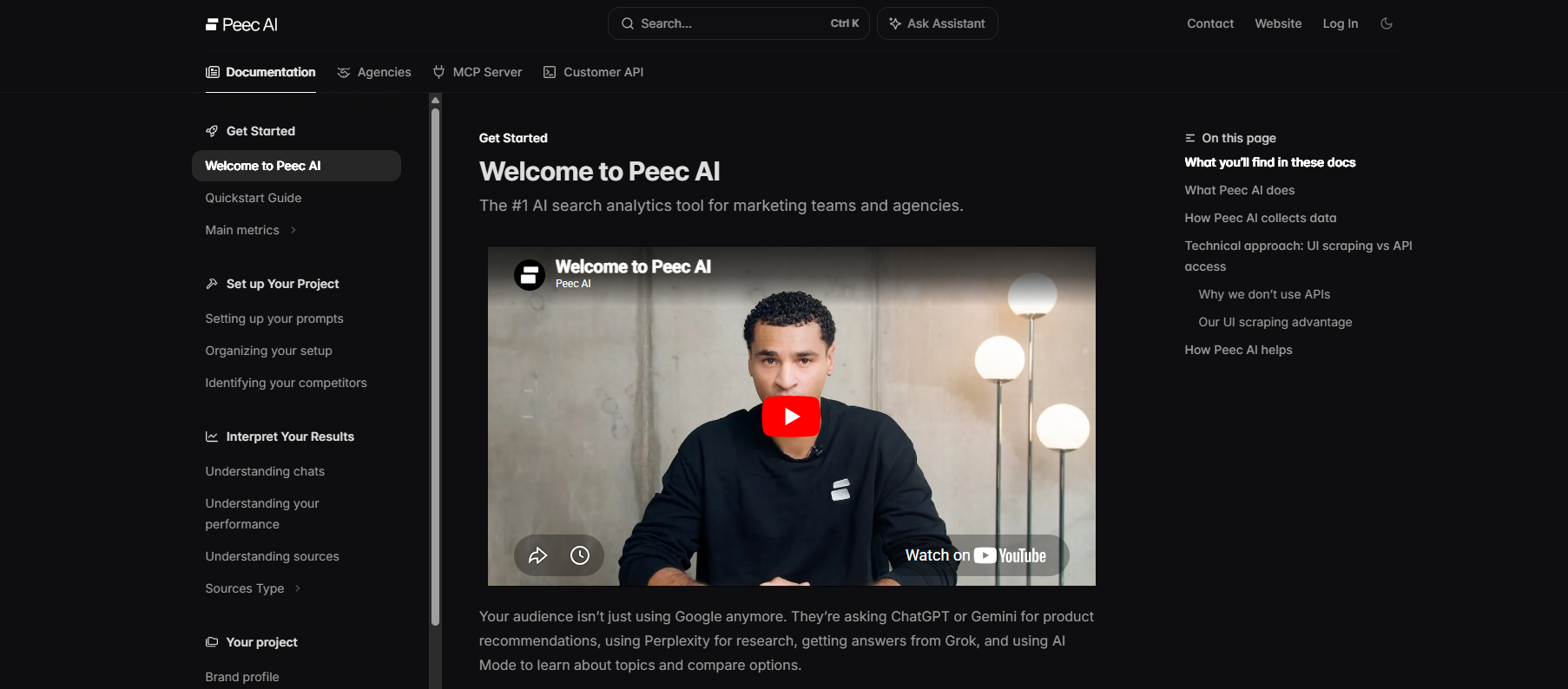 AI documentation page with a dark interface, sidebar navigation, search bar, embedded welcome video, and table of contents for getting started topics.