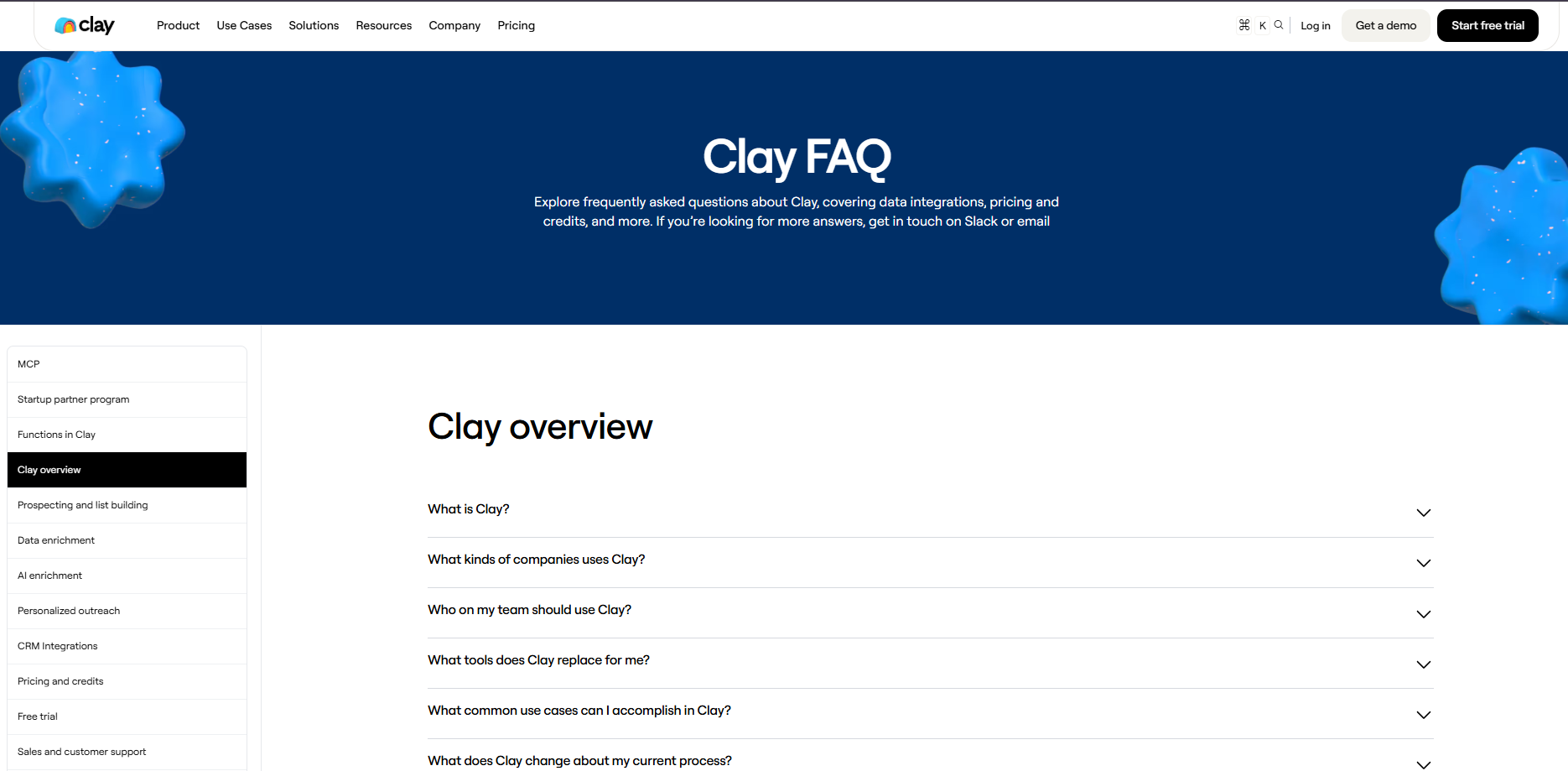 Clay FAQ page with a blue hero section, sidebar navigation, and accordion-style questions covering Clay overview, pricing, credits, enrichment, and support.