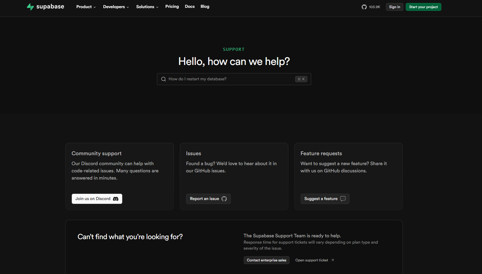 Supabase support page with a dark hero section, central search bar, support option cards for community, issues, and feature requests, plus links to contact the support team.