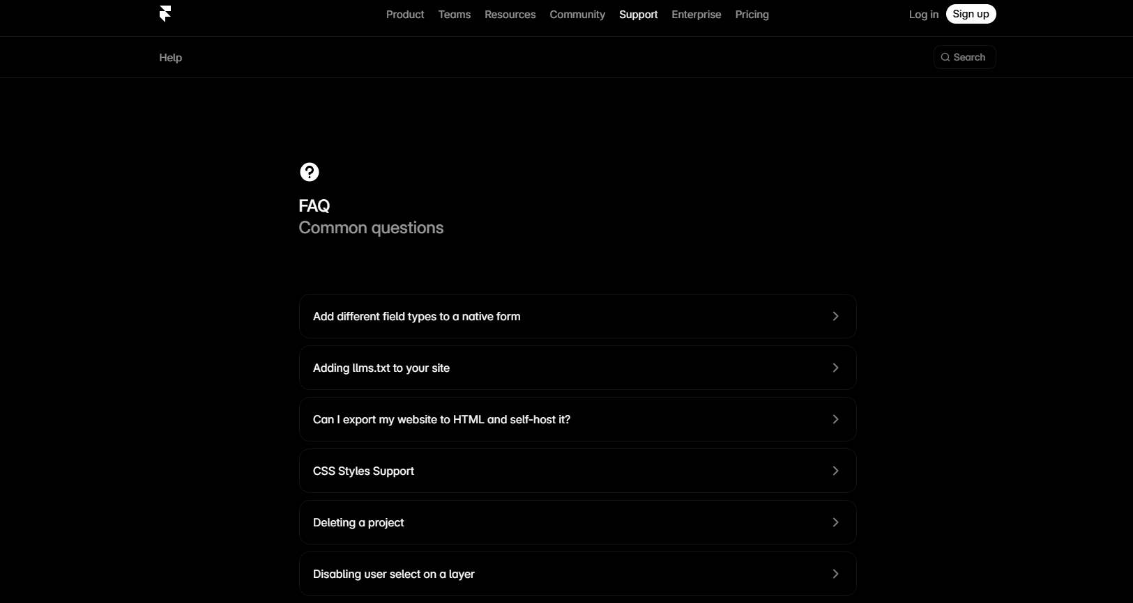 Framer FAQ page with a dark interface, simple header navigation, and a list of accordion-style questions about common product and website setup topics.