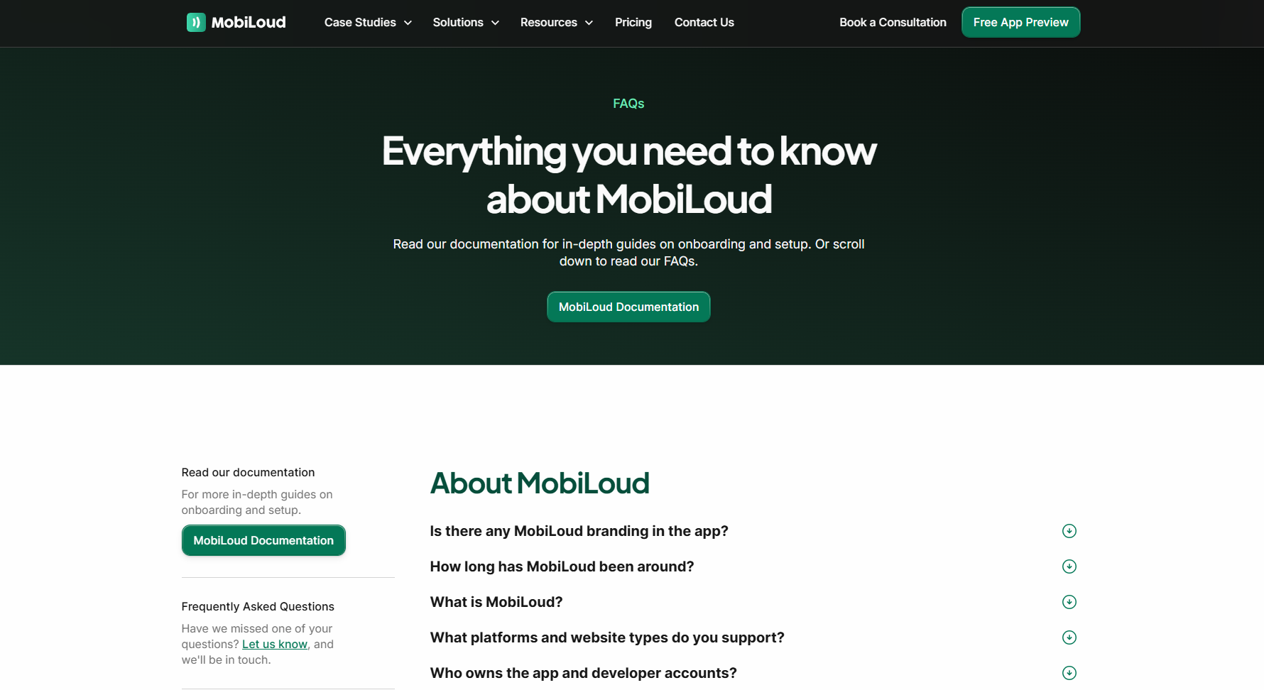 MobiLoud FAQ page with a dark green hero section, documentation CTA, sidebar support links, and accordion-style questions about the product, supported platforms, and app ownership.