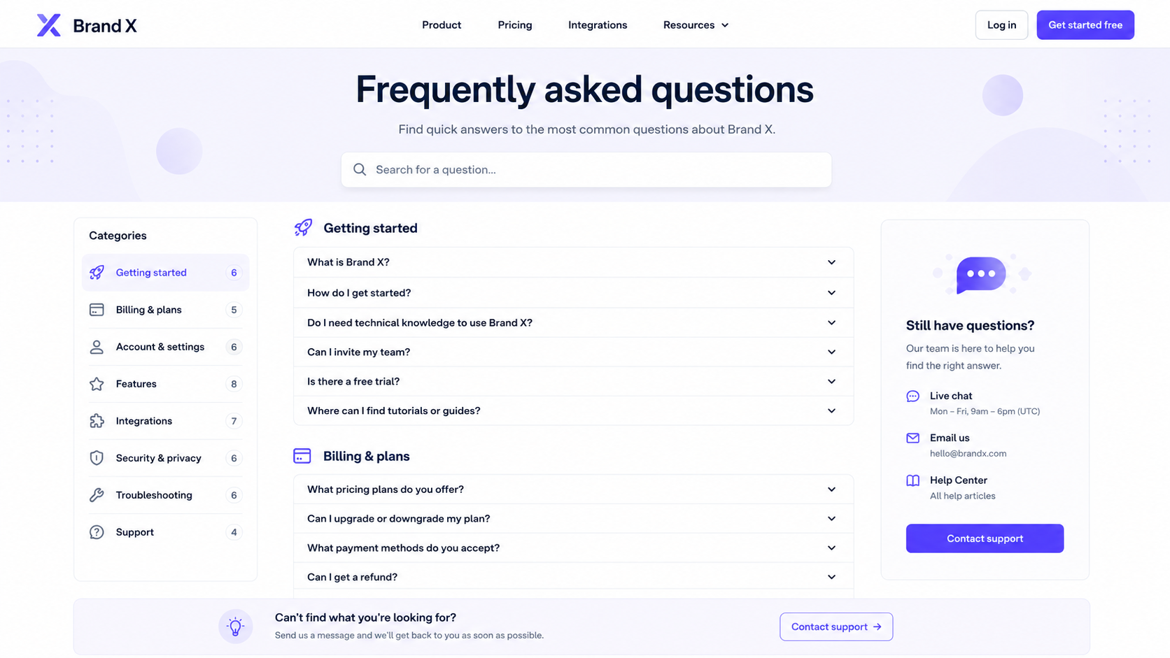 A modern SaaS FAQ page for “Brand X,” showing a search bar, categorized FAQ sections, accordion-style questions, and a support contact card.