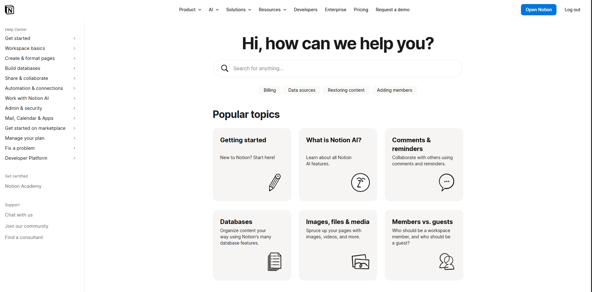 Notion Help Center page with a large search bar, suggested help topics, sidebar navigation, and popular topic cards for getting started, Notion AI, databases, and collaboration.