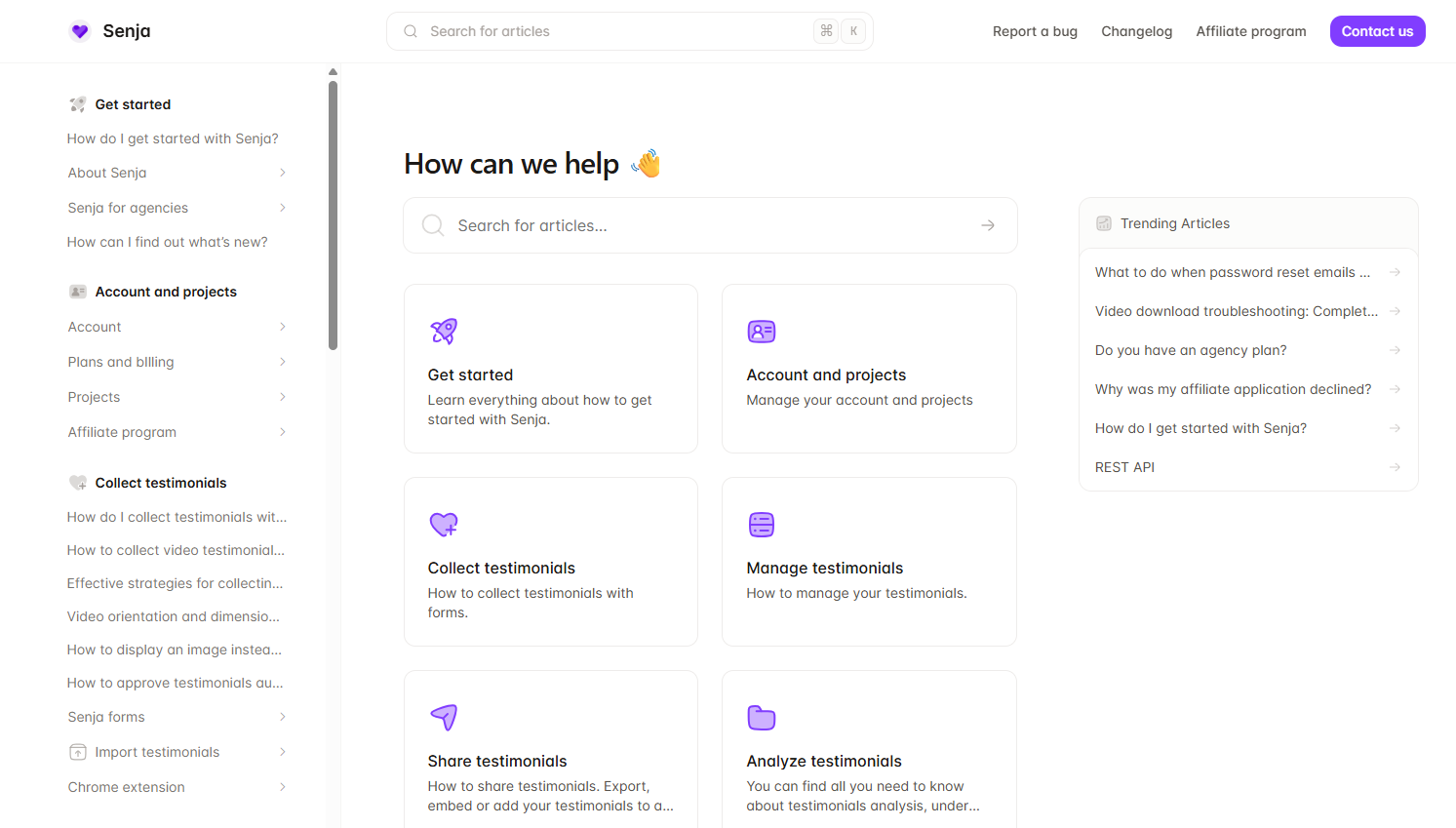 Senja’s knowledge base homepage with a search bar, help categories, and trending articles.