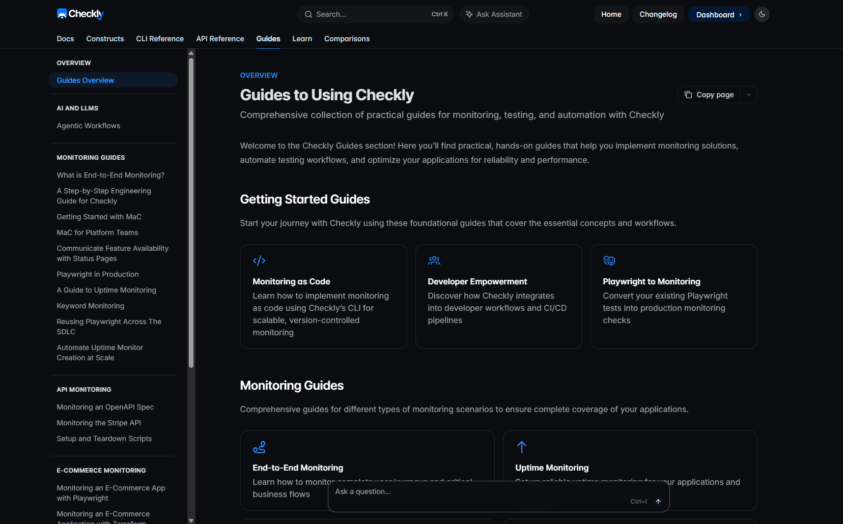 Checkly’s knowledge base showing developer guides, API references, an AI assistant, and monitoring docs.