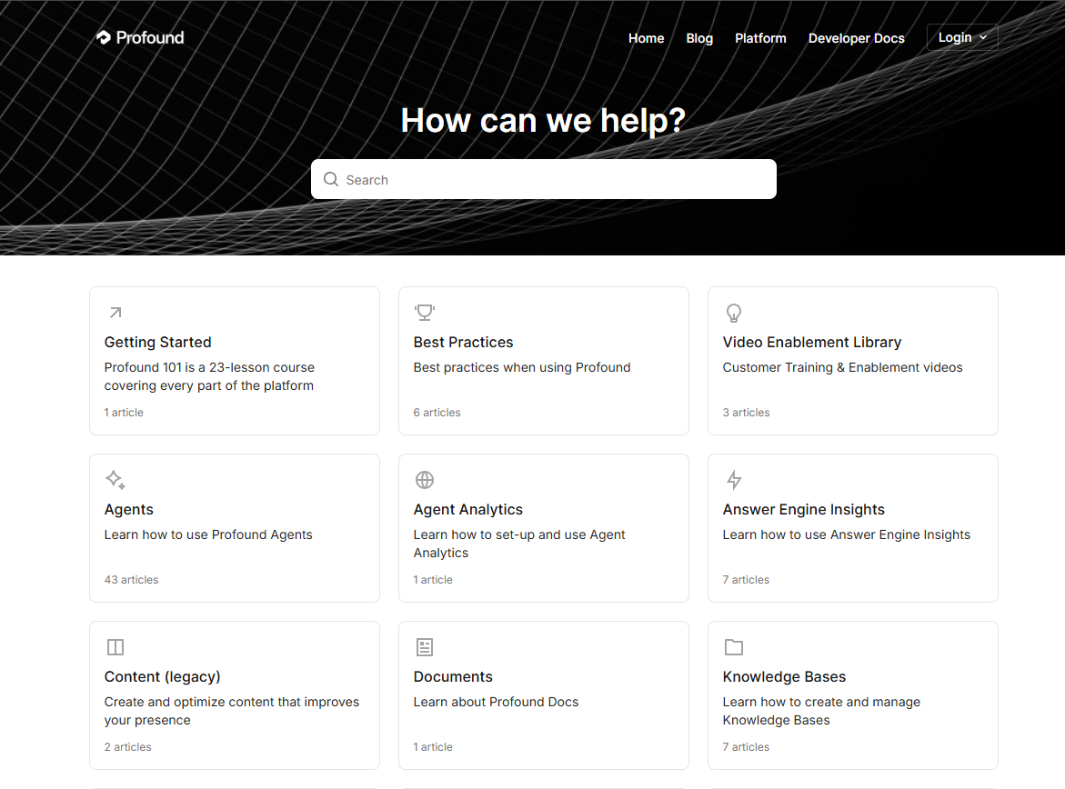 Profound’s knowledge base homepage with a search bar and categories for onboarding, agents, analytics, and docs.