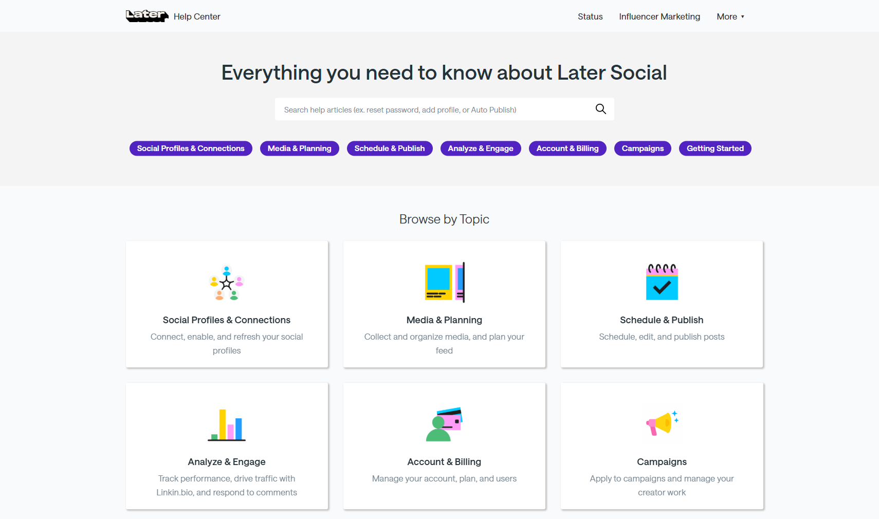 Later’s help center homepage with topic categories for social profiles, media planning, scheduling, analytics, billing, and campaigns.