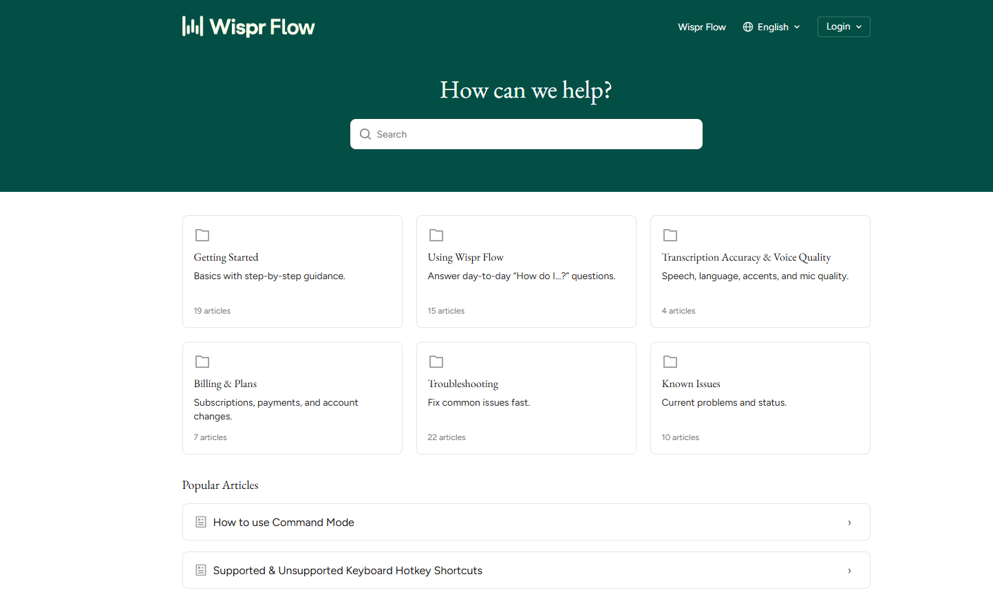 Wispr Flow’s help center homepage with a search bar, help categories, and popular articles.