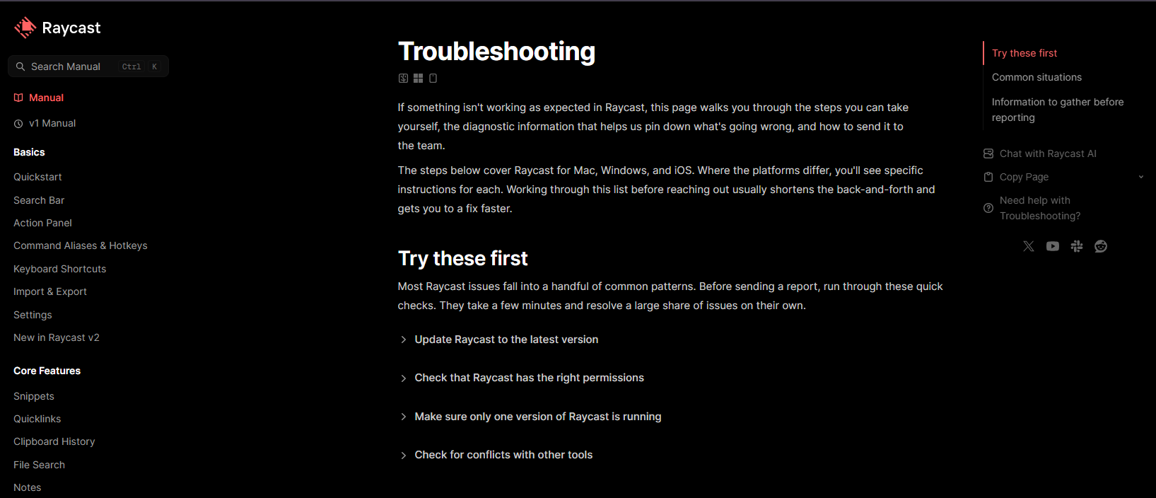 Raycast’s troubleshooting knowledge base page with symptom-based support topics and quick fix steps.