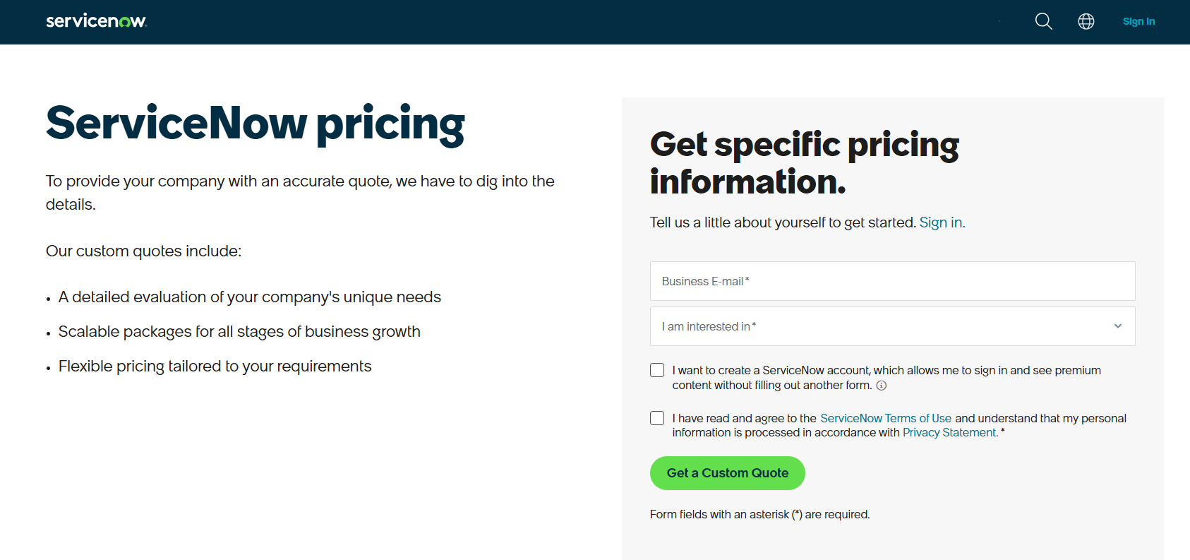 ServiceNow pricing page showing a custom quote form instead of public pricing plans.