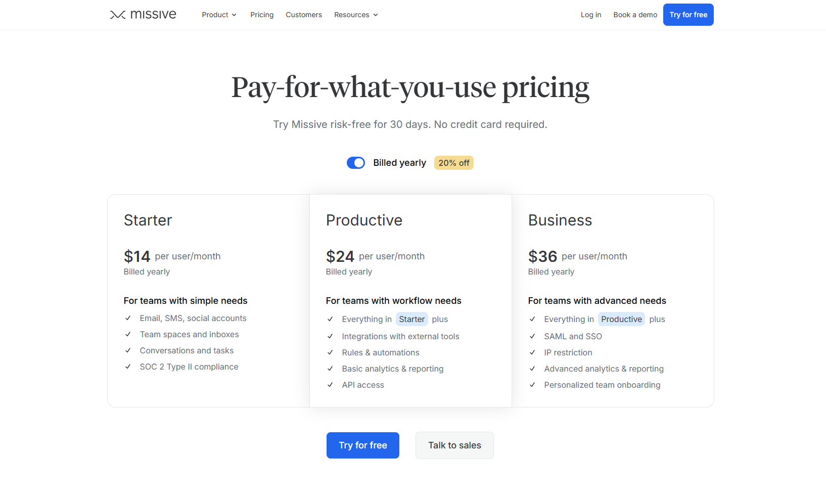 Missive's pricing page