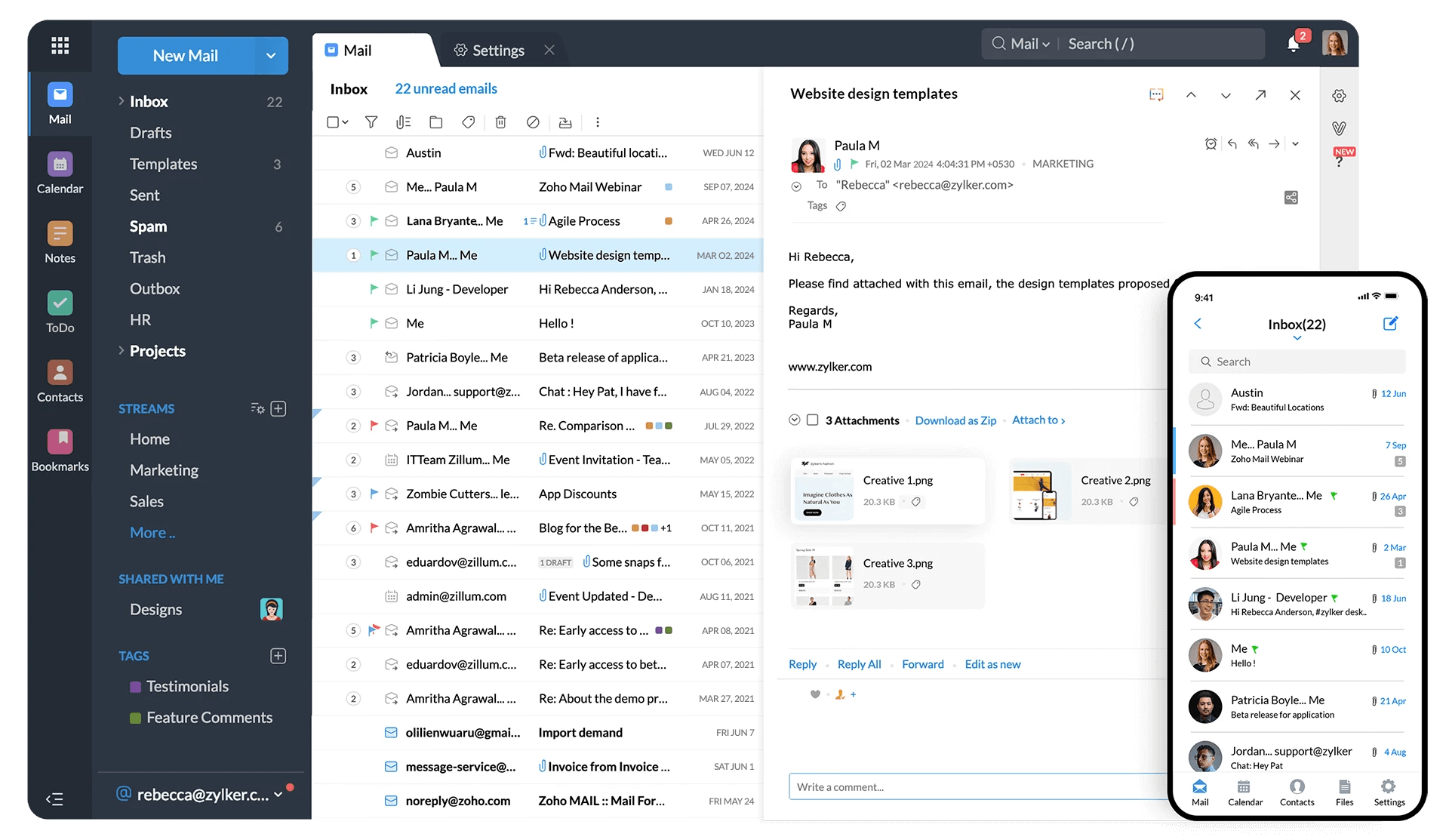 Zoho Mail inbox interface showing emails, folders, attachments, and the mobile email app.