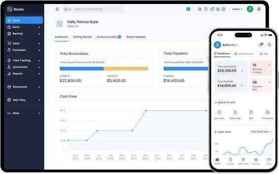 Zoho Books dashboard showing receivables, payables, and cash flow reports on desktop and mobile.