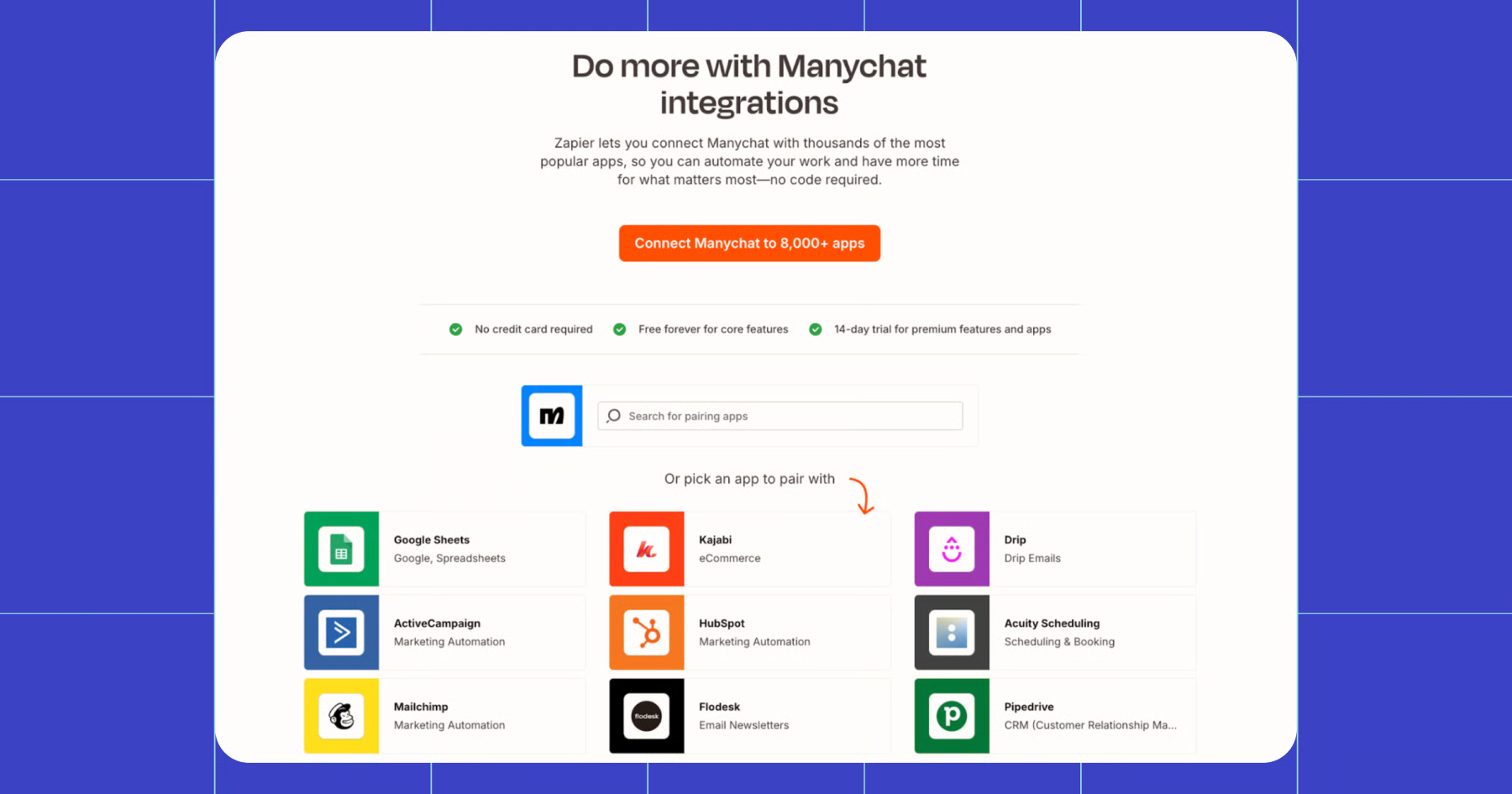 Manychat integrations page showing connected apps such as Google Sheets, Mailchimp, HubSpot, Kajabi, Drip, and Pipedrive.