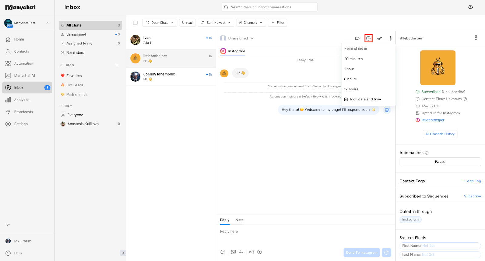 Manychat Inbox showing customer conversations, chat history, contact details, tags, and automation controls in a support-style dashboard.