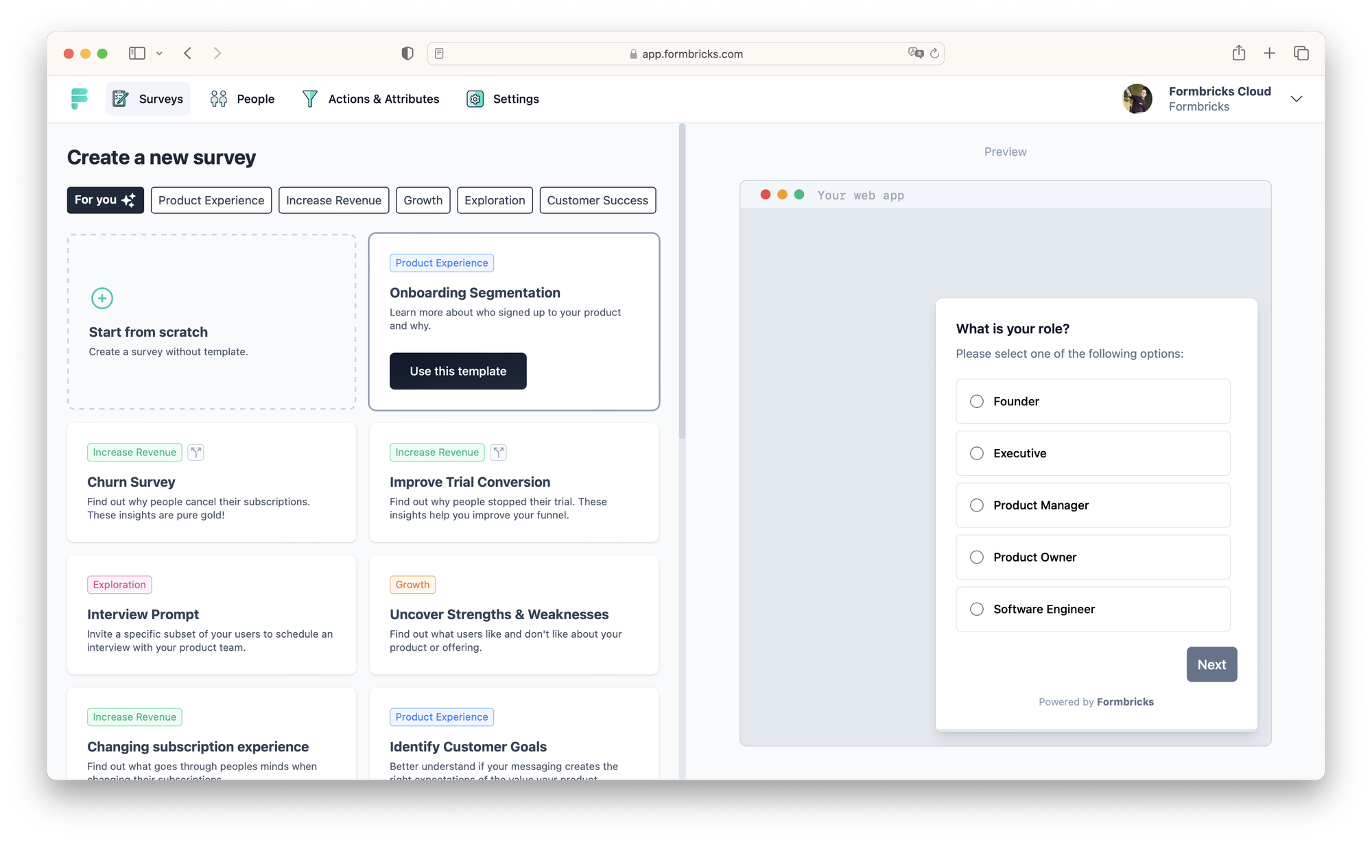 Screenshot of the Formbricks survey builder showing survey templates on the left and a live survey preview on the right.