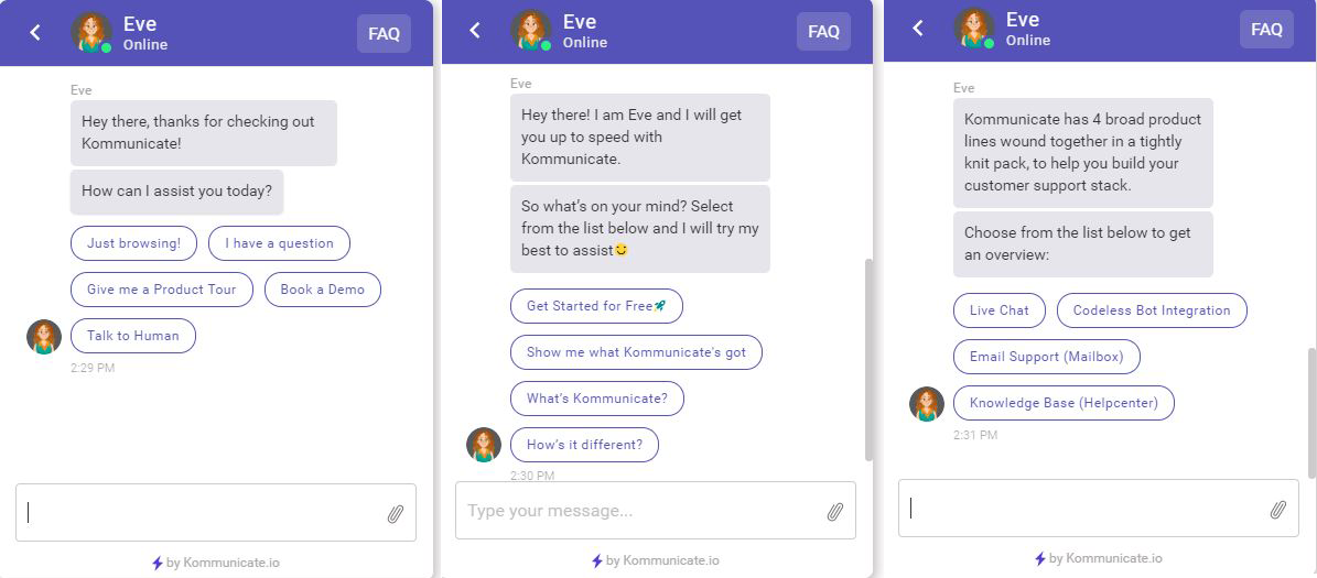 Screenshot of the Kommunicate chatbot interface showing three example chat flows with quick-reply buttons for support, product tours, demos, and knowledge base options.