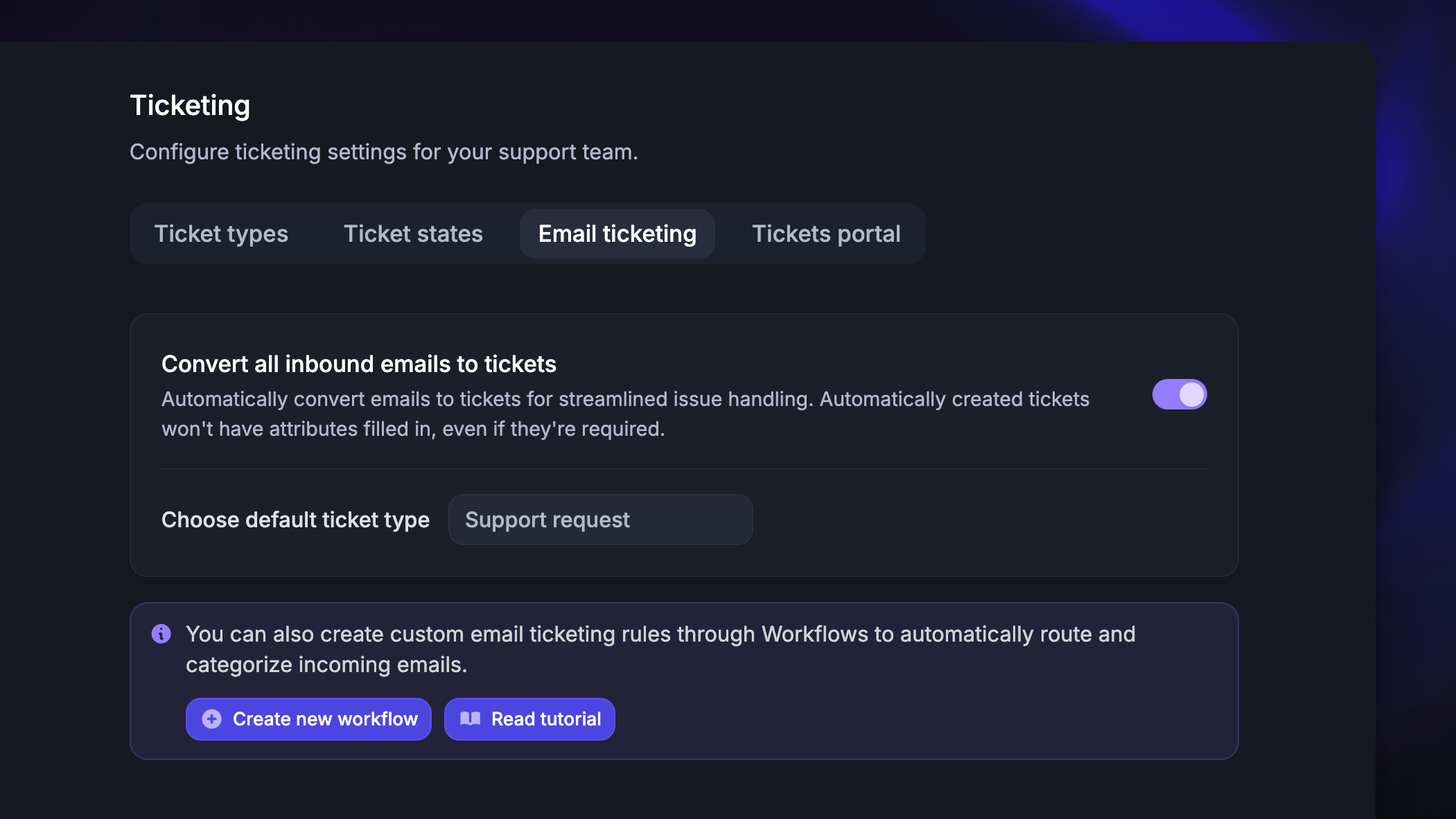 Featurebase ticketing settings showing email ticketing controls for converting inbound support emails into tickets.
