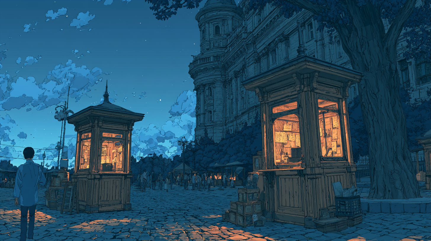 Nighttime illustration of two warmly lit support kiosks outside a large building, used as the feature image for an Intercom vs Kustomer comparison.