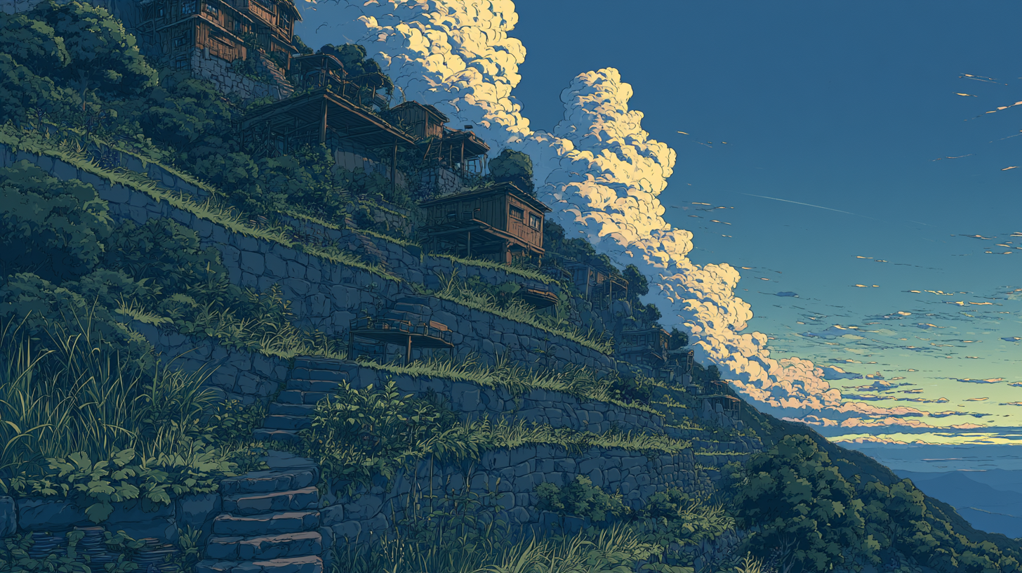 Anime-style hillside with tiered paths and houses, used as a feature image for explaining IT support levels from tier 0 to tier 4.