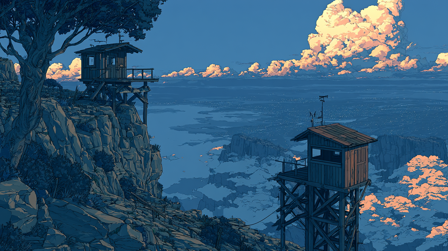 Illustration of two watchtowers on a rocky cliff above a cloud-filled valley, representing a comparison between Jira Service Management and ServiceNow.
