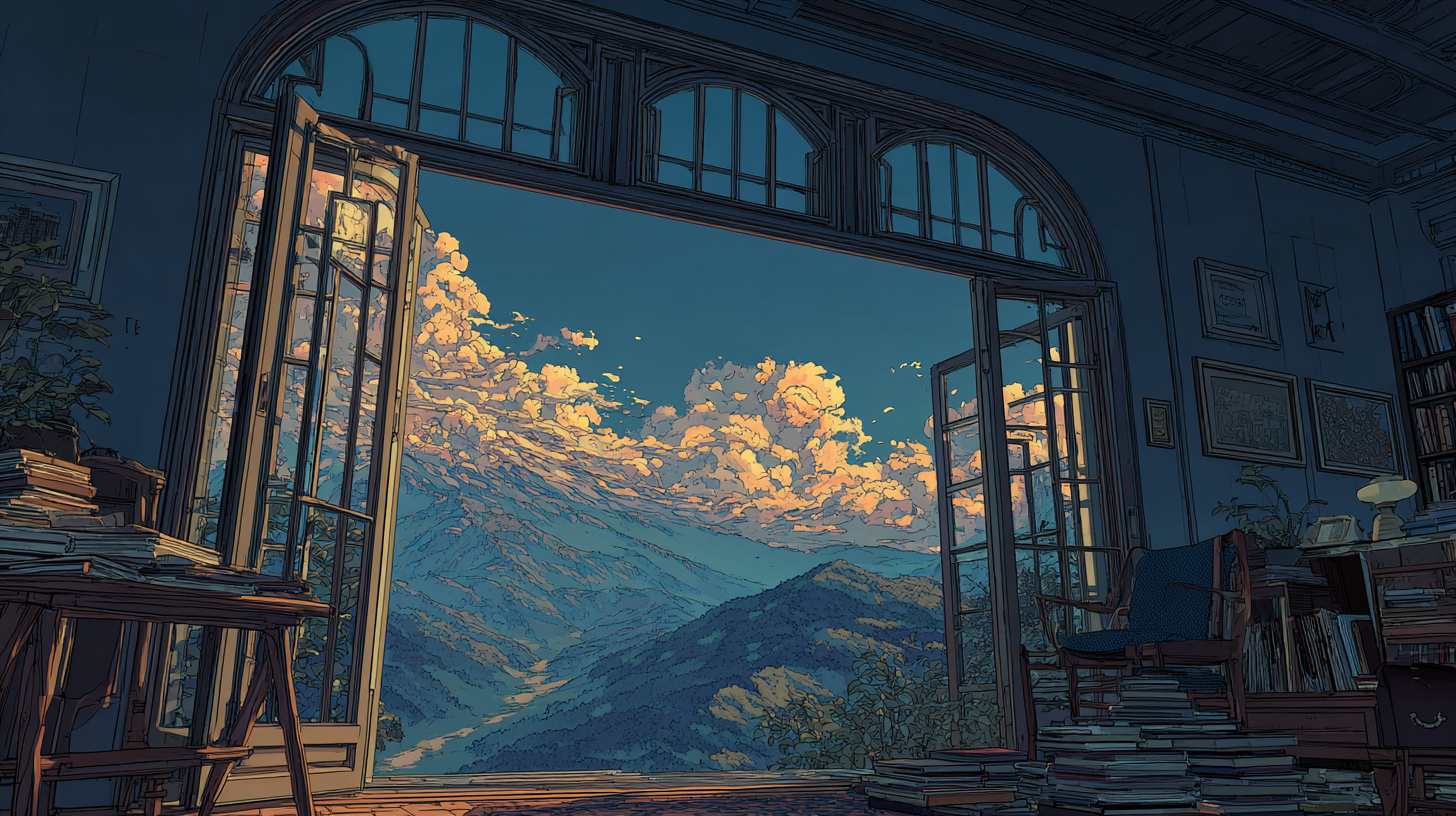 Illustration of an open library window overlooking mountains and clouds.