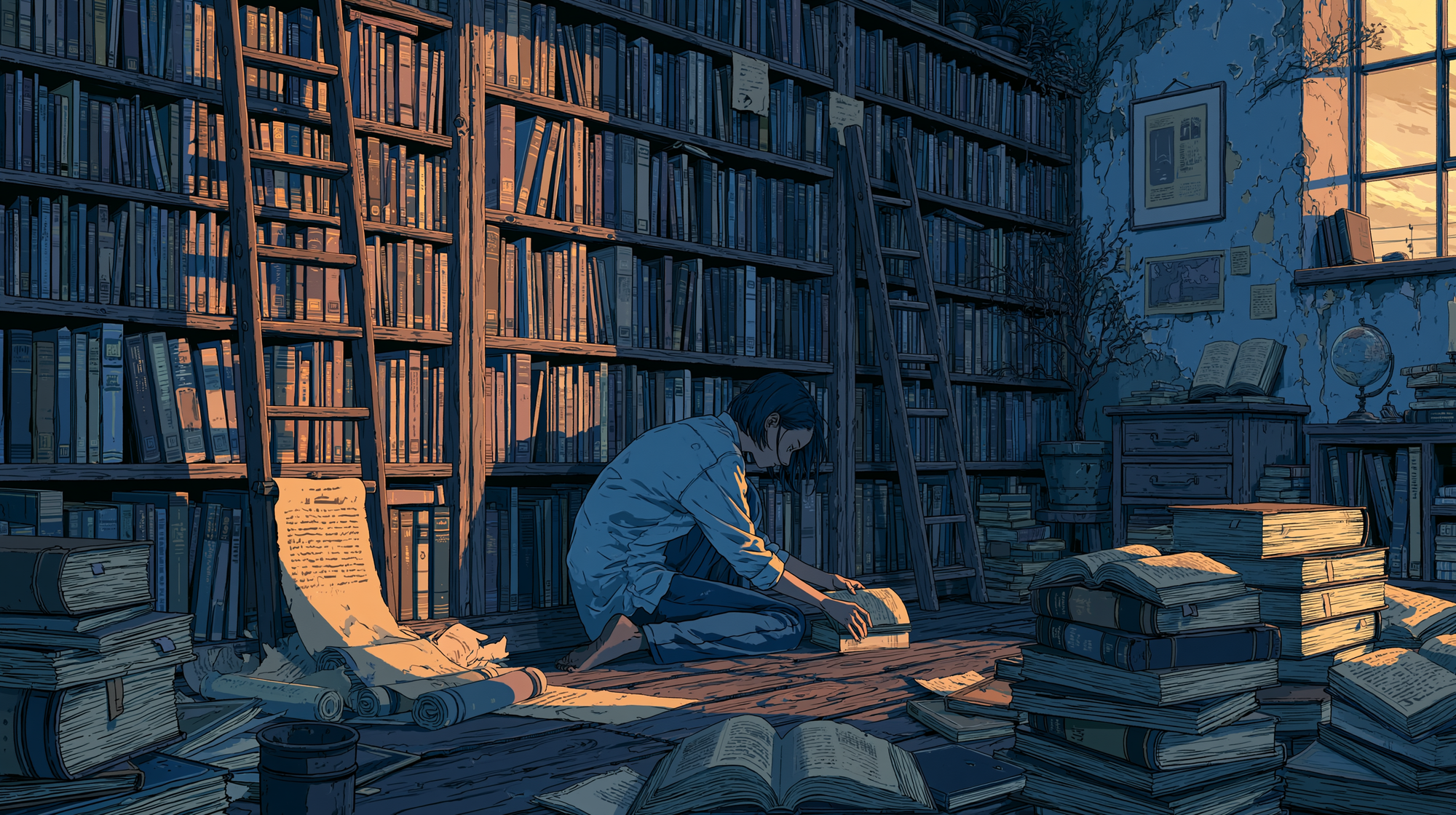 A person organizes books and papers in a quiet library.