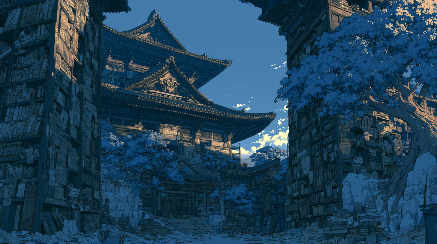 Illustration of a traditional temple courtyard between tall buildings, used as the feature image for a Mintlify vs Docusaurus comparison article.