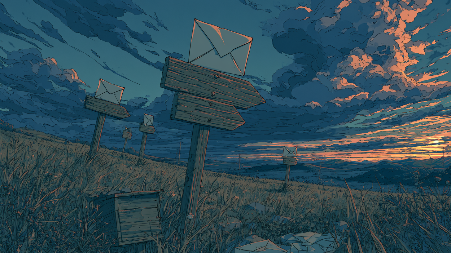 Illustration of wooden signposts topped with envelope icons in a field at sunset, representing email routing or shared inbox communication.