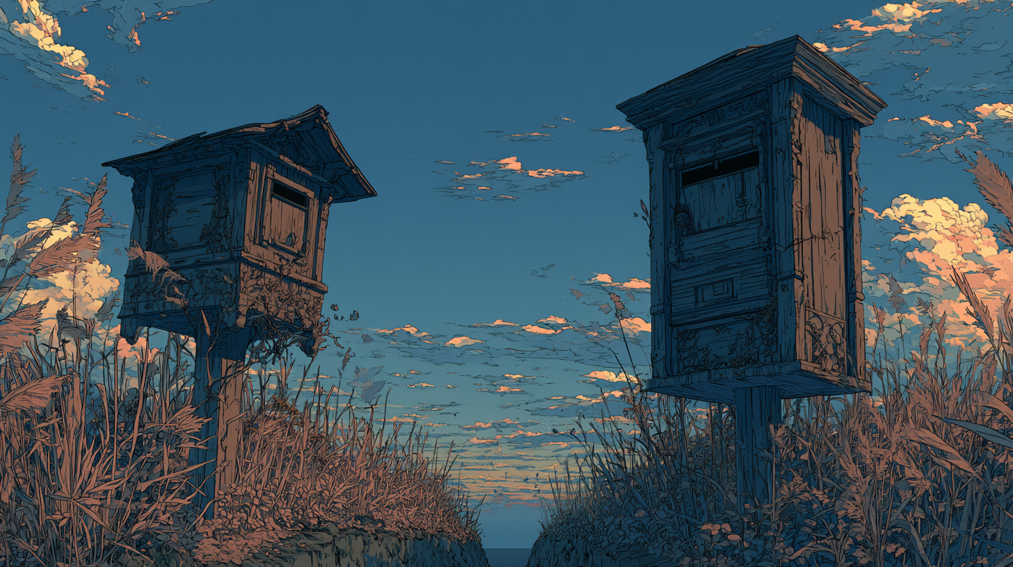 Anime-style illustration of two weathered wooden towers in tall grass at sunset, with a narrow path between them and glowing clouds in the blue sky.