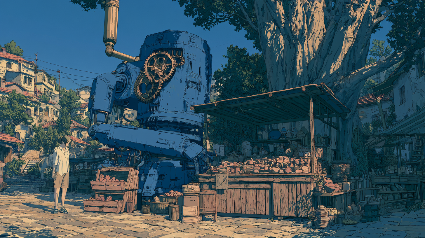 Large robot helping at an outdoor market stall.
