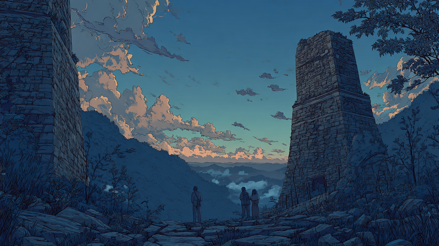 Illustration of three people standing between ancient stone ruins at sunset.