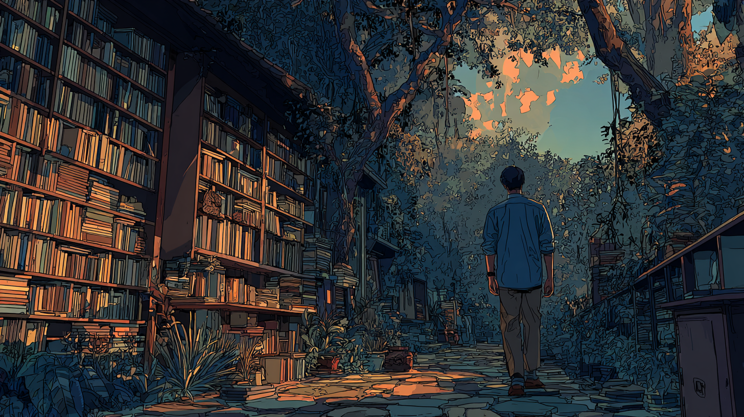 Illustration of a person walking through an outdoor library-like path lined with tall bookshelves, trees, and warm sunset light.