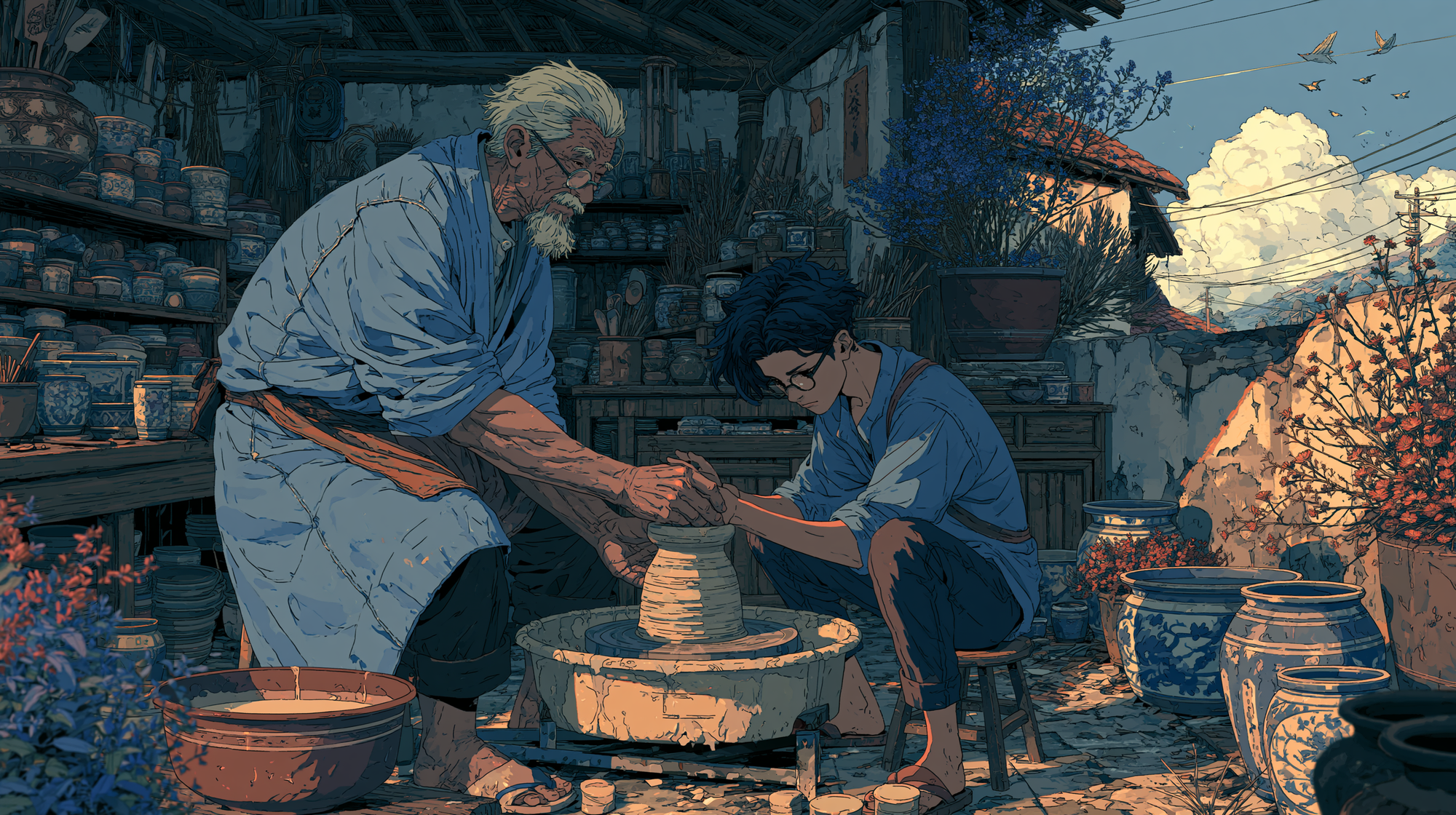 Illustration of an older potter teaches a younger person how to shape clay on a wheel.