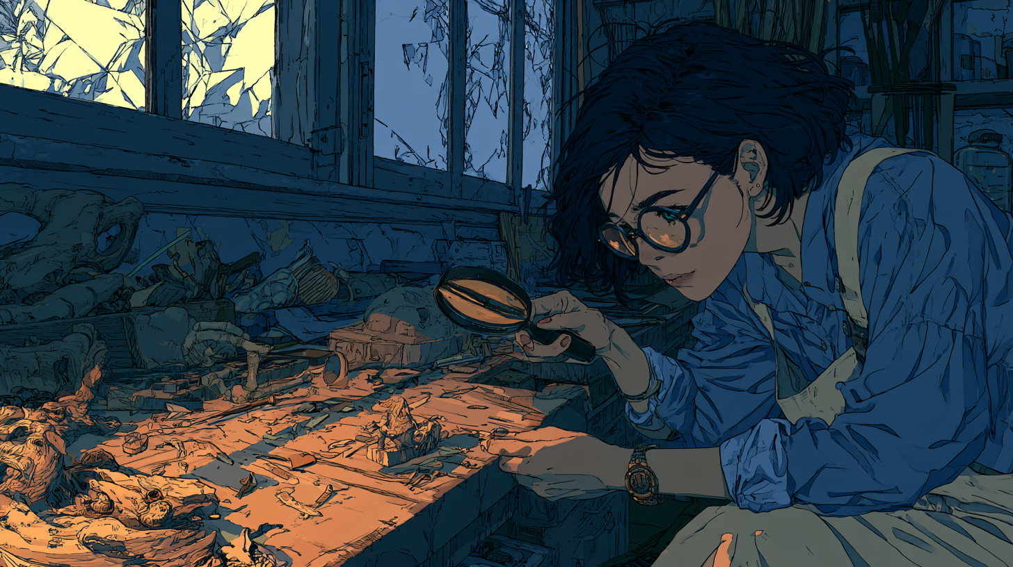 Illustration of a person using a magnifying glass to inspect small objects on a desk, representing a detailed Tidio review of its features, pricing, pros, and cons.