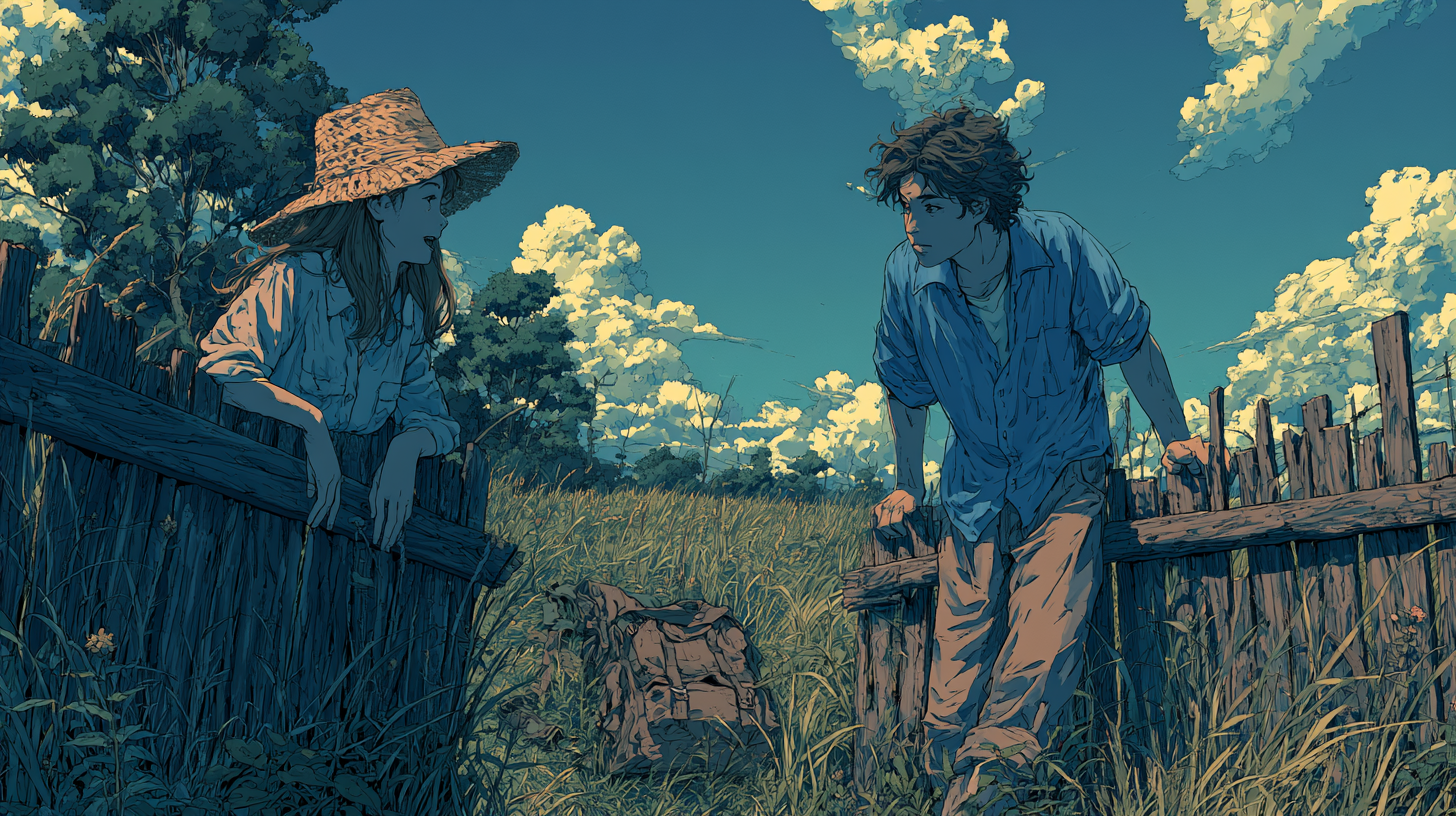 Illustration of two people talking across a wooden fence in a sunny field, representing a comparison between Tidio and Crisp live chat tools.