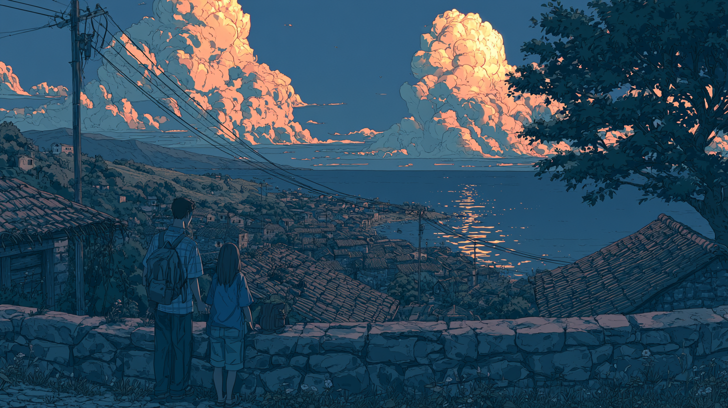 Anime-style illustration of two people overlooking a coastal town and ocean at sunset, with glowing clouds, rooftops, and power lines in the background.