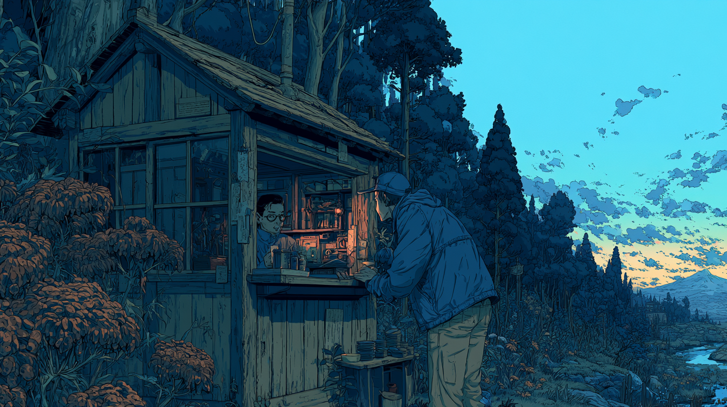 Illustrated feature image showing a person using a small outdoor service window at dusk.