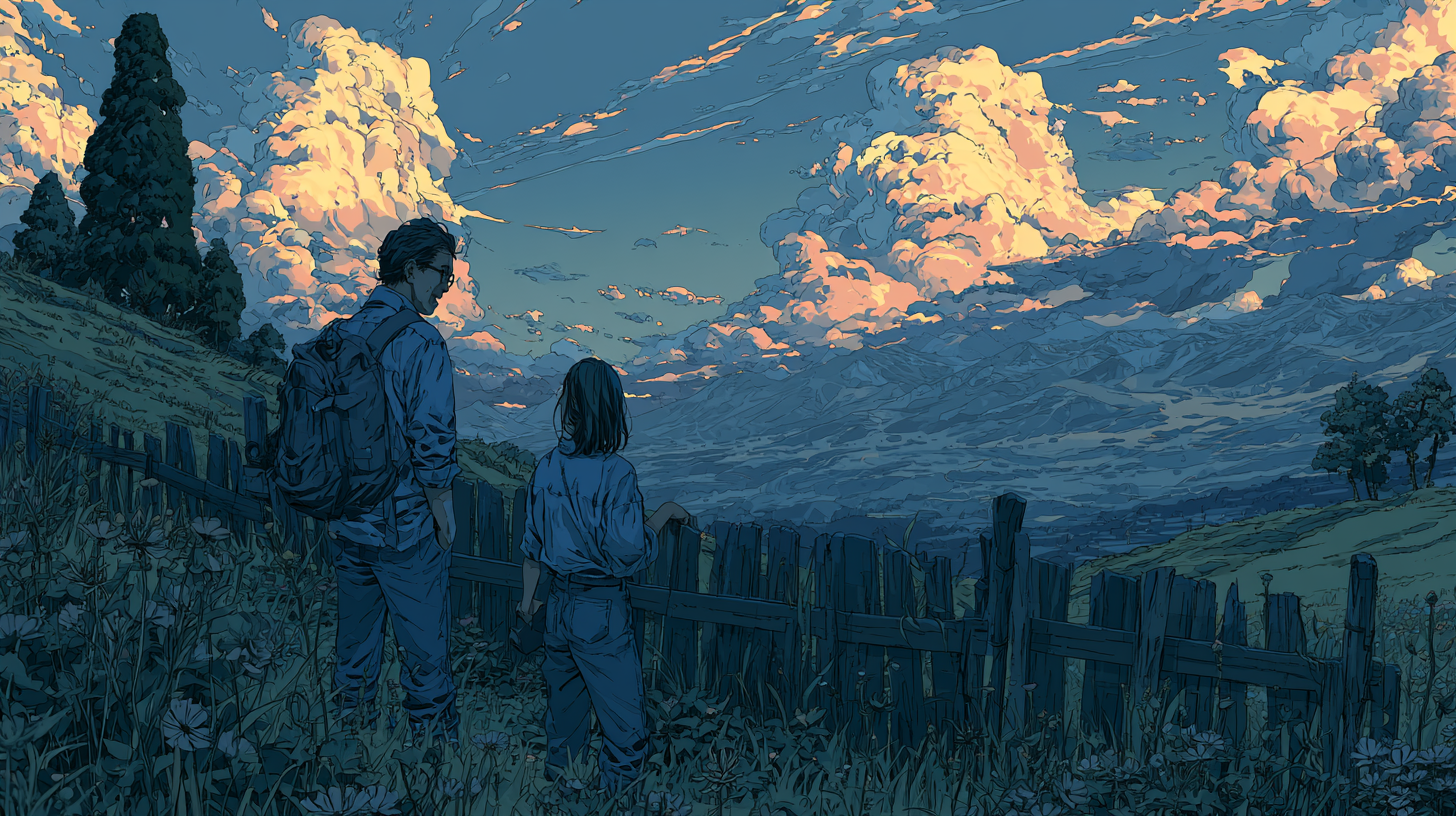 Anime-style illustration of a man and child standing by a wooden fence, looking out over mountains and glowing clouds at sunset.