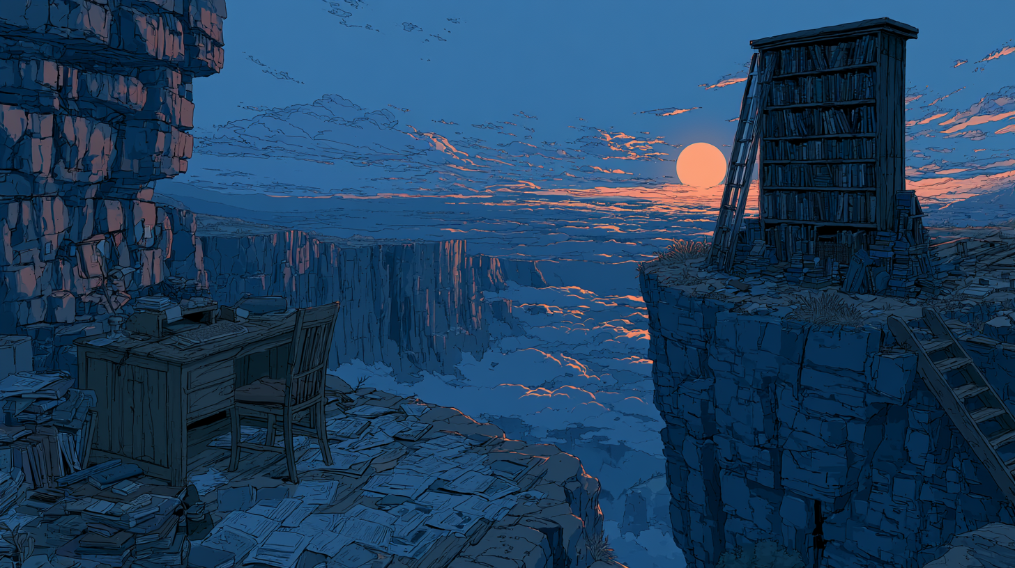 Illustration of a cliffside workspace and a tall bookshelf across a canyon at sunset, used as the feature image for a Zendesk vs Helpjuice comparison article.