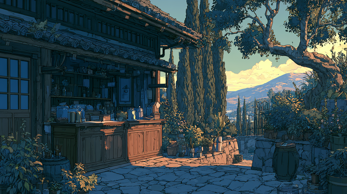 Anime-style illustration of a rustic outdoor café patio with stone flooring, tall trees, and a mountain view in the background.
